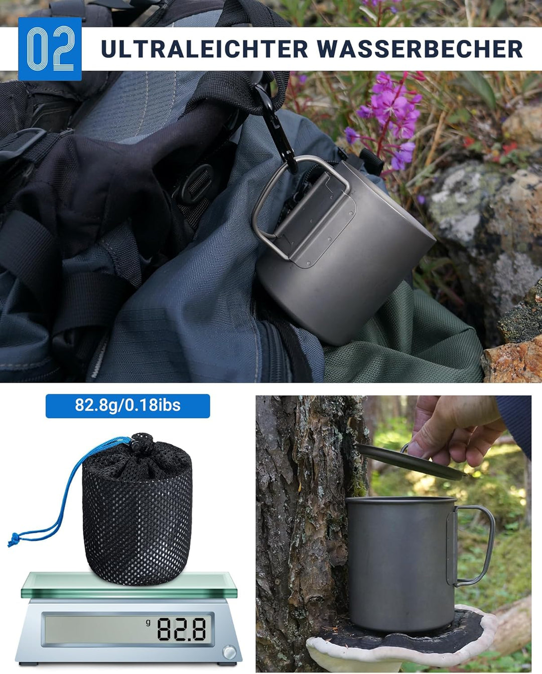 COOK'N'ESCAPE Titan Camping Tasse mit Deckel Titanium Topf Becher mit faltbarem Griff 450ml Leicht u
