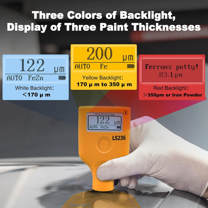 Lackmessgerät Auto, Digitales Lackschichtdickenmessgerät T7-LS-236, Dickenmessgerät mit APP, 0.0~500