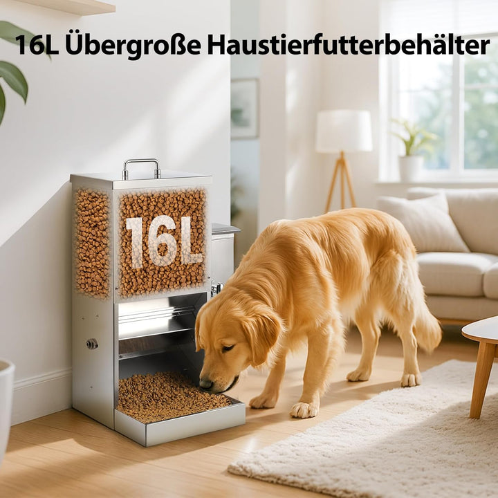 16L Grosser Automatischer Hundefutterspender mit Timer, Edelstahl-Futterautomat mit Programmierbarem