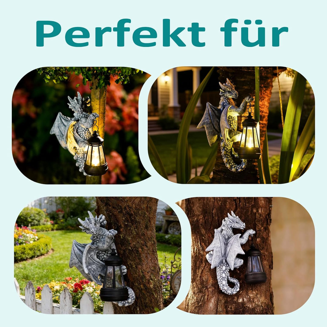 Yeomoo Drachen Figuren mit Solarlampen Baumstamm Gartendeko für Draussen: Lustige Drachen Gartenfigu