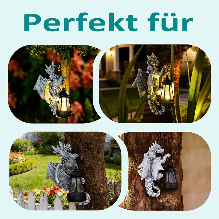 Yeomoo Drachen Figuren mit Solarlampen Baumstamm Gartendeko für Draussen: Lustige Drachen Gartenfigu