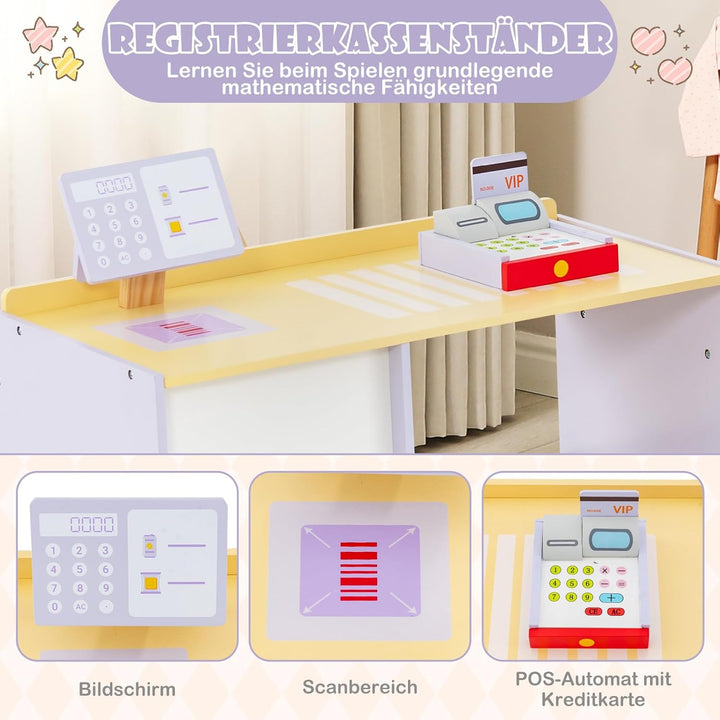 GOPLUS Kinder Kaufladen, Supermarkt aus Holz, Kaufmannsladen mit mit Kasse, POS-Automat & Verkaufsau