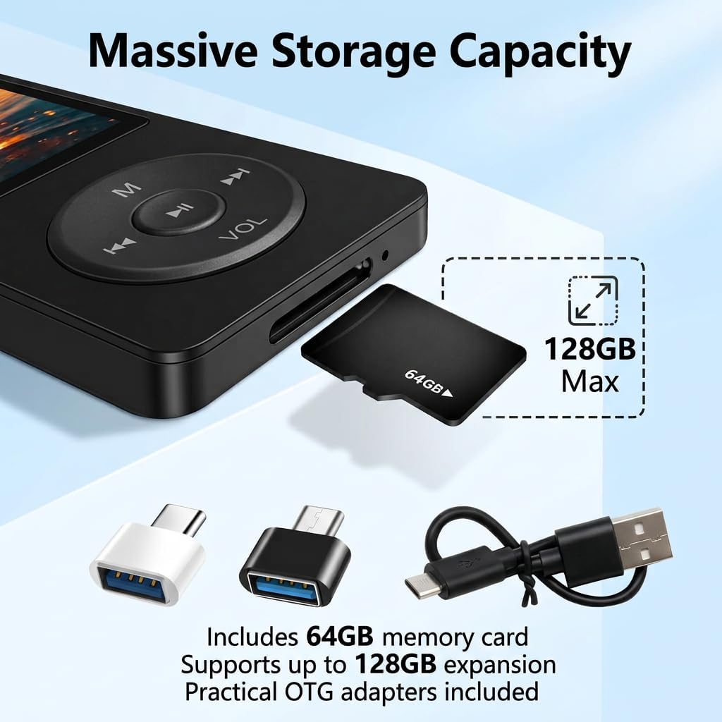 MP3-Player Bluetooth 5.3 mit 64 GB Speicher, tragbarer HiFi-Musikplayer mit integriertem Lautspreche