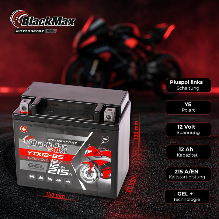 BlackMax YTX12-BS Motorradbatterie GEL 12V 12Ah CTX12-BS Batterie 51012 Quad 12Ah - 215A - YTX12-BS,