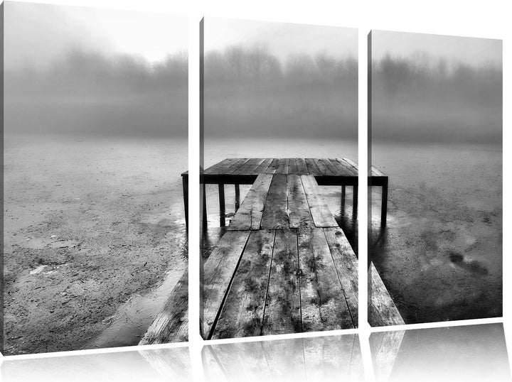 Pixxprint Steg am See Nebel / 3-Teilig/Gesamtmass 120cm Leinwandbild bespannt auf Holzrahmen/Wandbil
