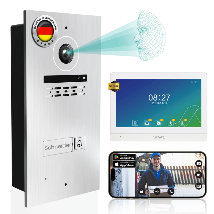 Mathfel 2-Draht Video Türsprechanlage mit Gesichtserkennung – WLAN Monitor, 2MP HD Kamera, 170° Weit