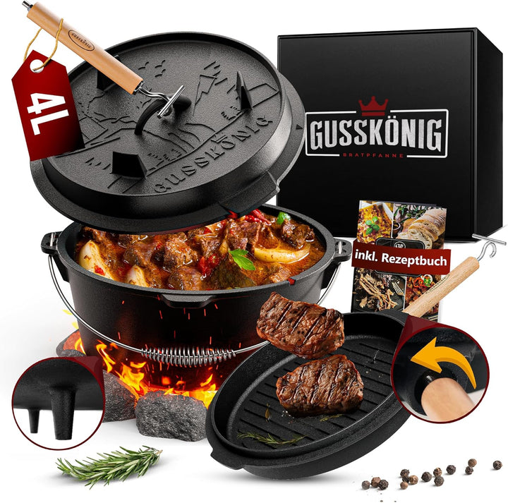 GUSSKÖNIG Dutch Oven Set - Eingebrannter Dutch Oven 4 Liter - Feuertopf Gusseisen mit Füssen - Schmo