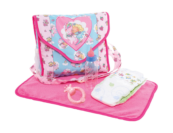 Heless 978 - Zubehör für Puppen, Wickeltasche im Design Einhorn Emil und Fee Emma mit viel Zubehör