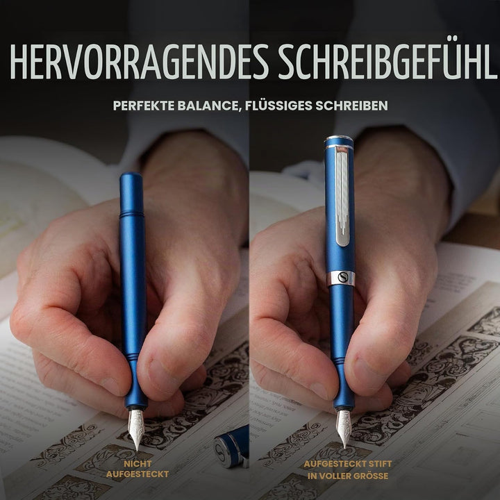 Scriveiner Luxus EDC Füllfederhalter (Mittel), Mattblau Taschenfüller, verchromt, deutsche Schmidt M