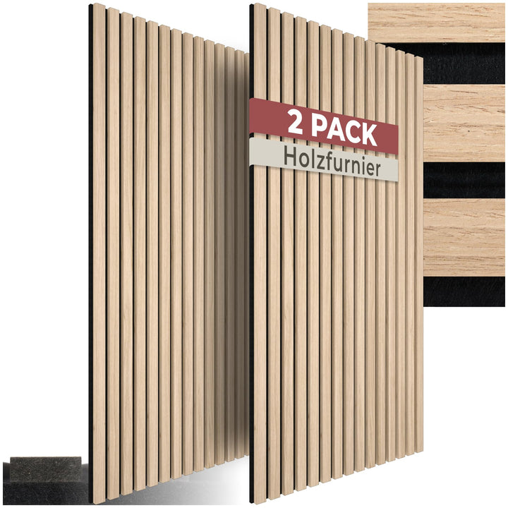 tectake® Akustikpaneele Echtholzfurnier 2er Set, effektiver Schallschutz, MDF Holzlamellen, Schalldä