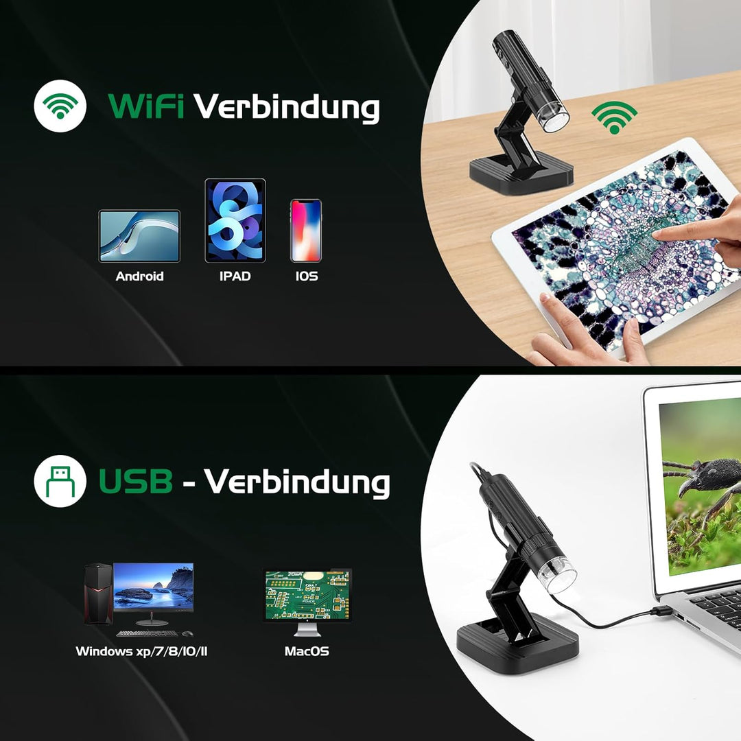 WADEO WiFi Digitalmikroskop, 1080P HD 50-1000X USB-Mikroskop, Mini-Mikroskop Handmikroskop mit 2 MEG