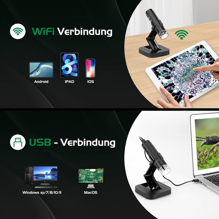 WADEO WiFi Digitalmikroskop, 1080P HD 50-1000X USB-Mikroskop, Mini-Mikroskop Handmikroskop mit 2 MEG