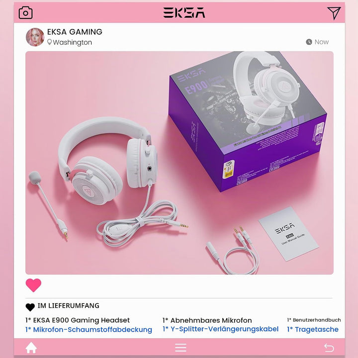 EKSA E900 Gaming Headset, PC Headset mit Abnehmbar Mikrofon mit Geräuschunterdrückung, 3D Surround S