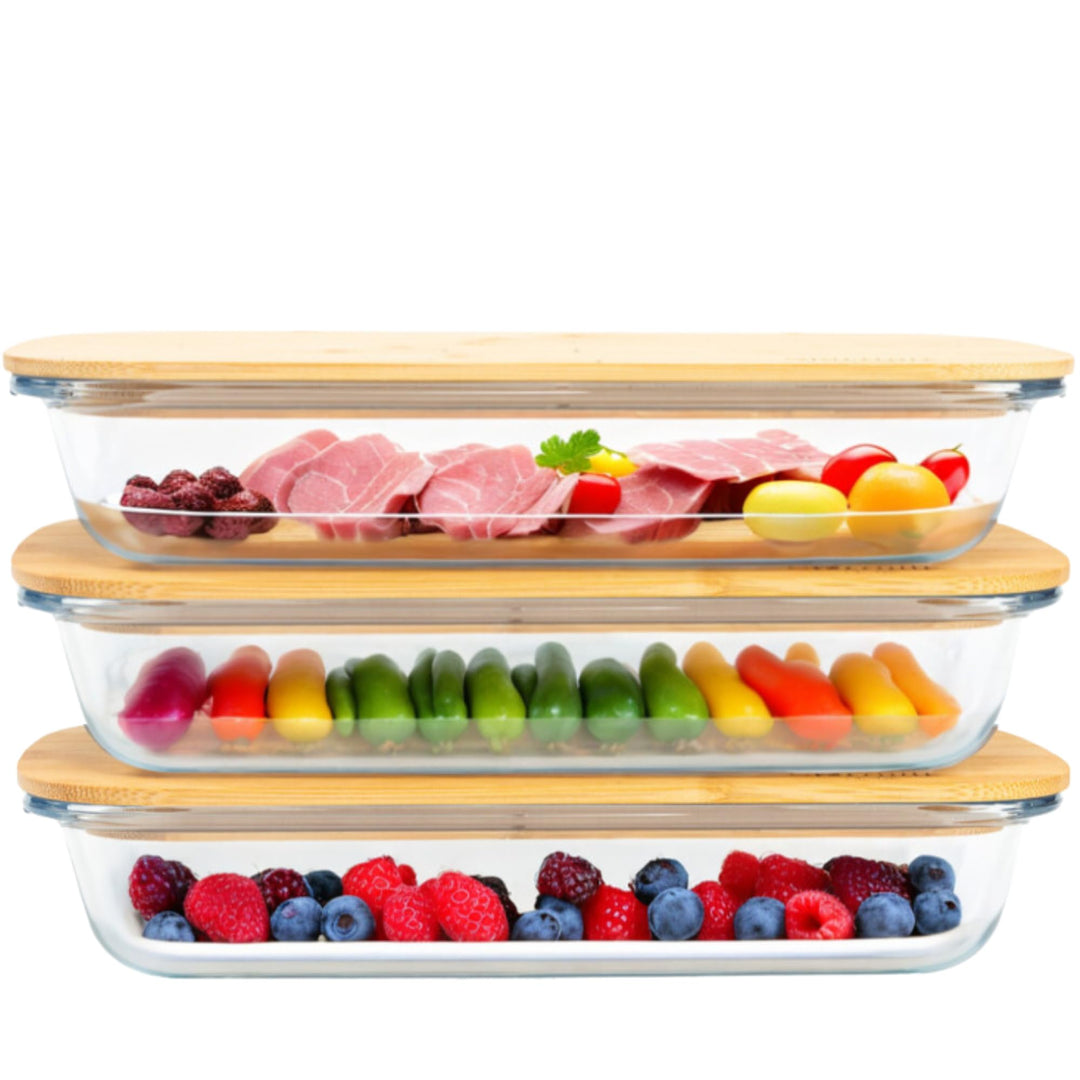 GUTHE Lifestyle 3er Set Aufschnittboxen für Kühlschrank glas, stapelbare Frischhaltedosen mit Holzde