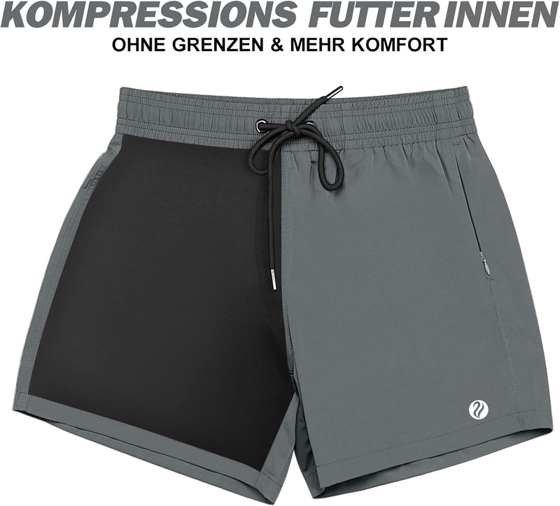 Badehose Herren mit Kompression Badehose mit innenhose Board Shorts 2 in 1 Reissverschlusstasche kur