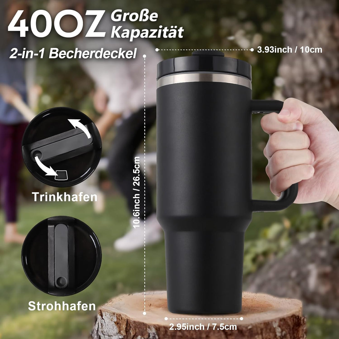 Praoahei 40oz Thermobecher mit Strohhalm und Henkel,1180 ML Doppelwandiger Edelstahl Heisse Kalte Ge