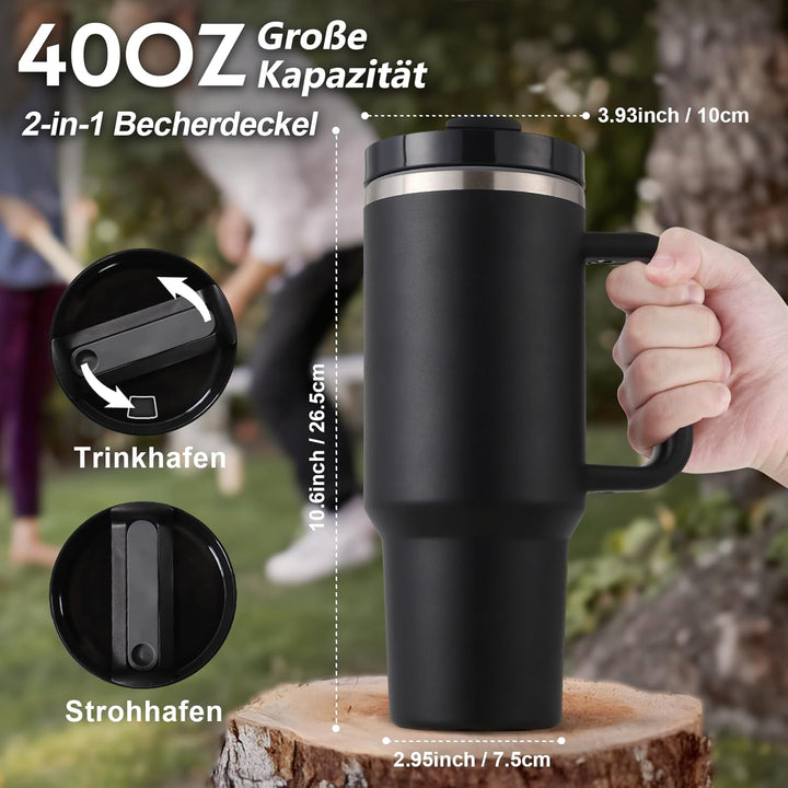 Praoahei 40oz Thermobecher mit Strohhalm und Henkel,1180 ML Doppelwandiger Edelstahl Heisse Kalte Ge