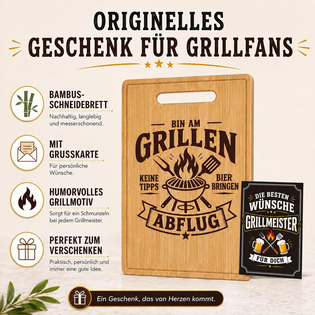 Geschenk für Männer, Bambus Grillbrett mit Grusskarte, lustiges Schneidebrett 32 x 22 x 1,5 cm, Gril
