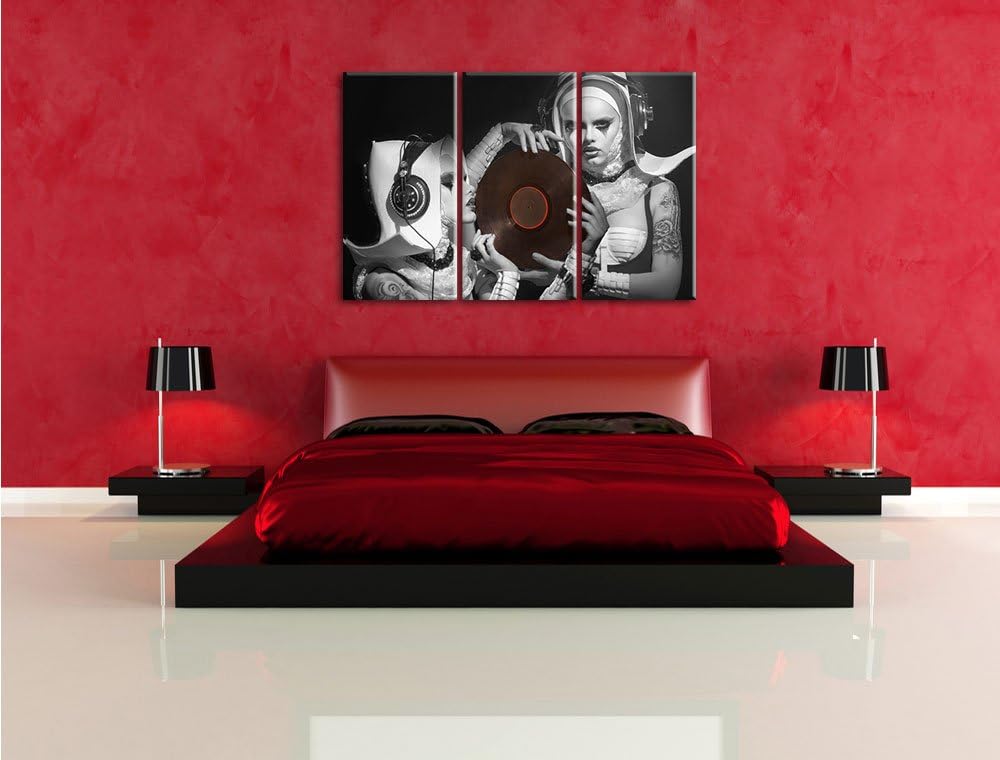 Pixxprint Mysteriöse DJ Frauen Schwarz/Weiss 3-Teiler Leinwandbild 120x80 Bild auf Leinwand