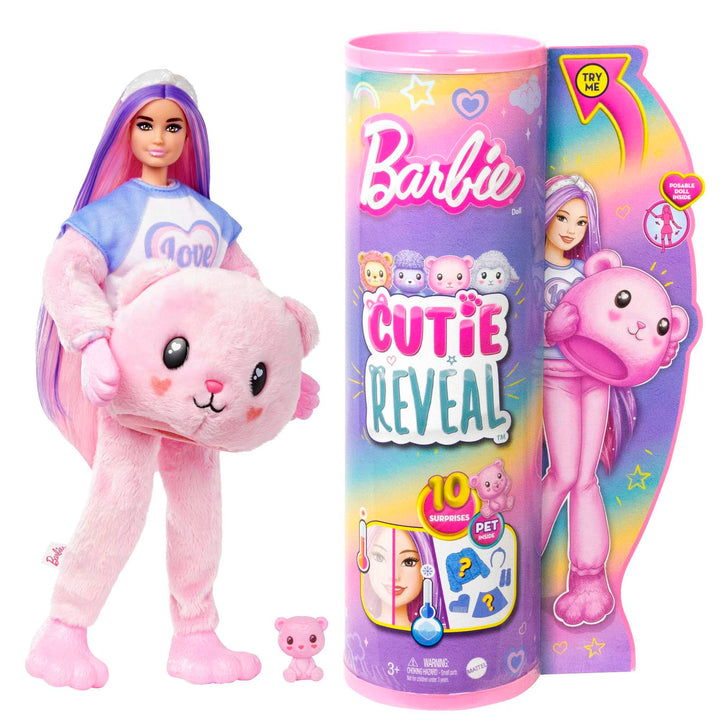 Barbie Cutie Reveal Puppe - Kuschelweiche Plüschverpackung mit 10 Überraschungen, bewegliche Puppe m