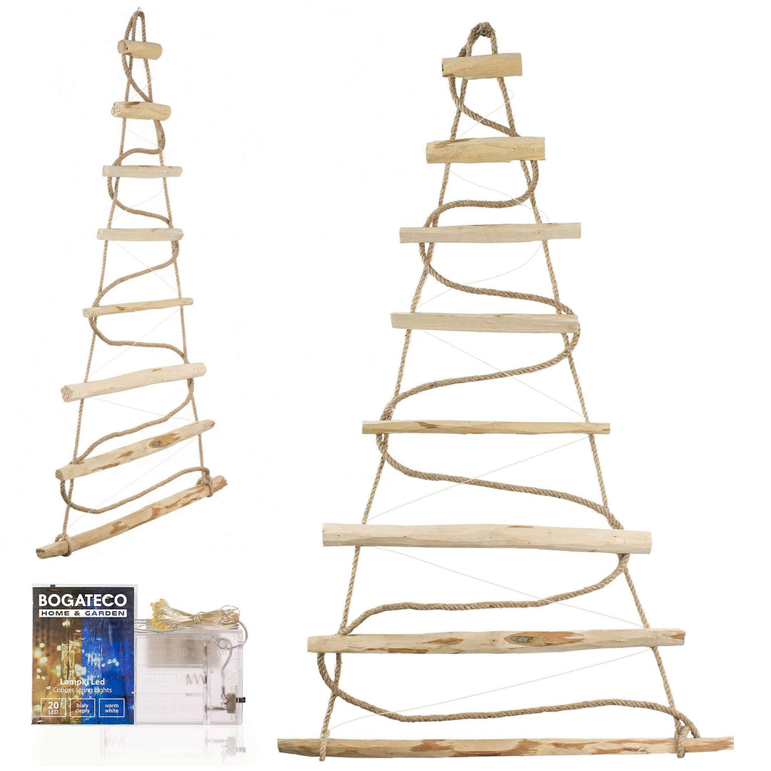 BOGATECO Handgemacht Weihnachtsbaum 95 cm hoch, aus Haselnussholz | Deko Anhänger | mit 200 cm LED-L