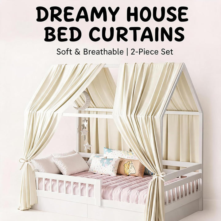 Hausbett Himmel Set, 2 Stück Betthimmel Hausbett, Leichter Atmbar Baumwoll Himmelbett Vorhängemit, M