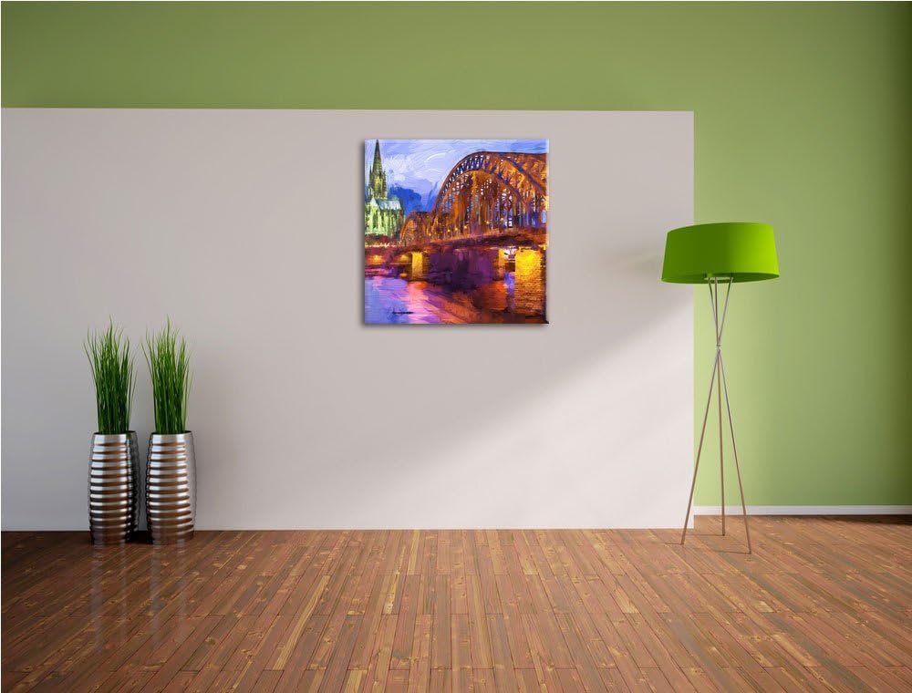 Brücke bei Nacht, Format: 70x70 auf Leinwand, XXL riesige Bilder fertig gerahmt mit Keilrahmen, Kuns