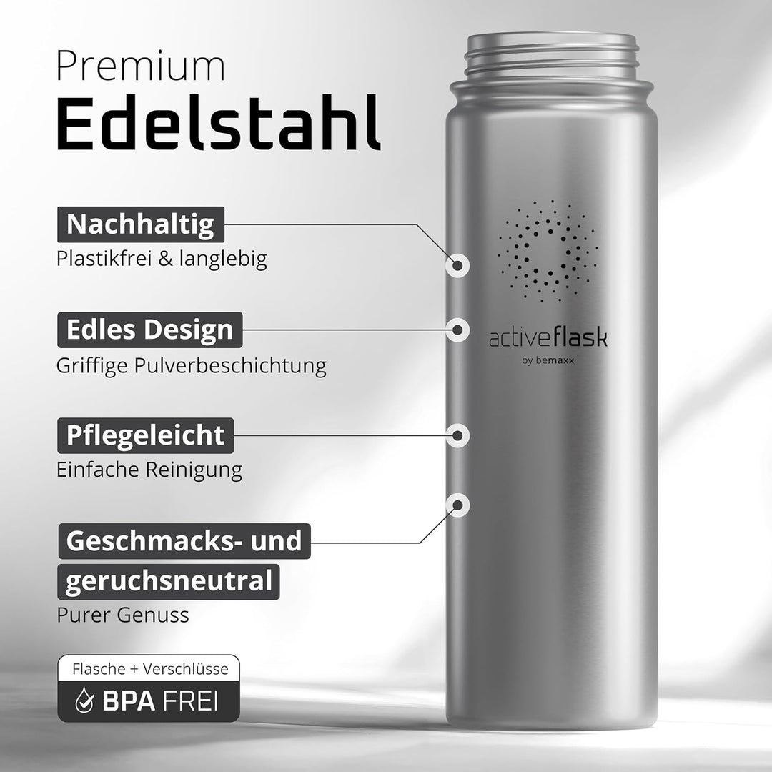 Trinkflasche Edelstahl ACTIVE FLASK + Strohhalm (3 Deckel) BPA-frei, Auslaufsicher, Kohlensäure geei