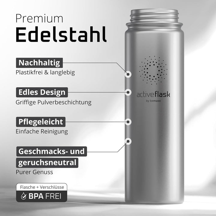 Trinkflasche Edelstahl ACTIVE FLASK + Strohhalm (3 Deckel) BPA-frei, Auslaufsicher, Kohlensäure geei
