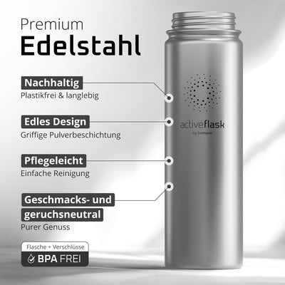 Trinkflasche Edelstahl ACTIVE FLASK + Strohhalm (3 Deckel) BPA-frei, Auslaufsicher, Kohlensäure geei