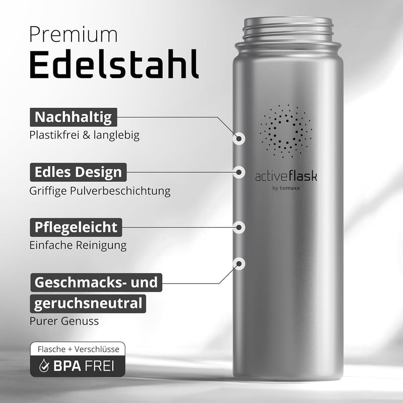 Trinkflasche Edelstahl ACTIVE FLASK + Strohhalm (3 Deckel) BPA-frei, Auslaufsicher, Kohlensäure geei