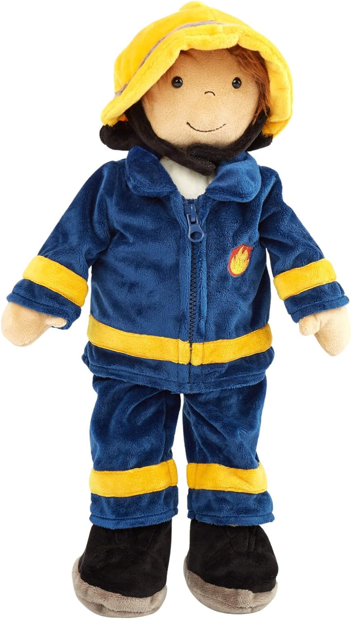 SIGIKID 42859 Lernpuppe Feuerwehrmann, Plüsch Anziehpuppe, Kleidung an-&ausziehen: Knöpfe, Klett, Re