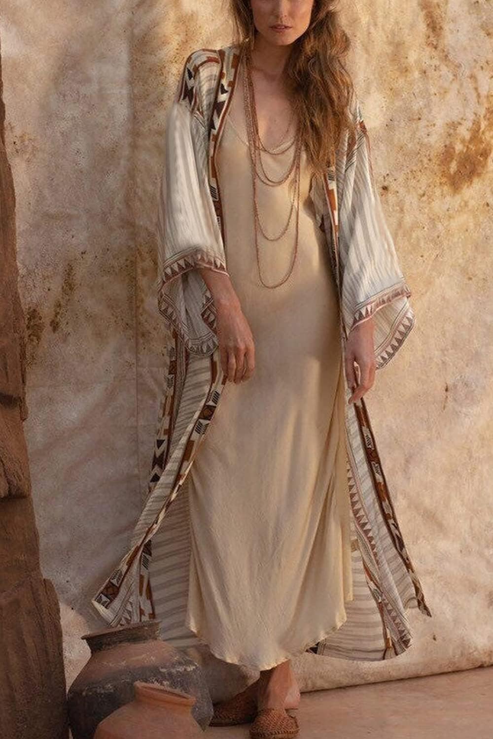 YouKD Böhmischer Kimono-Cardigan Mit Langen Ärmeln Strandbadeanzug Aufdecken Maxikleid für Damen