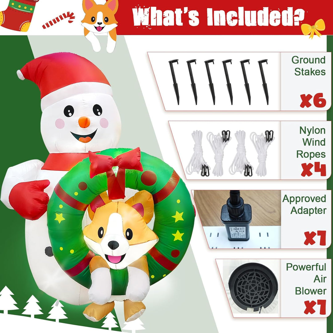 1.8 M Aufblasbare Weihnachtsdeko Aussen, Lustiger Schneemann Aufblasbar mit Corgi im Kranz, Outdoor