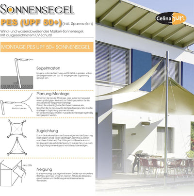 CelinaSun Sonnensegel PES Rechteck 2,5x3m Creme weiss UPF 50+ Premium Sonnenschutz inkl Befestigungs