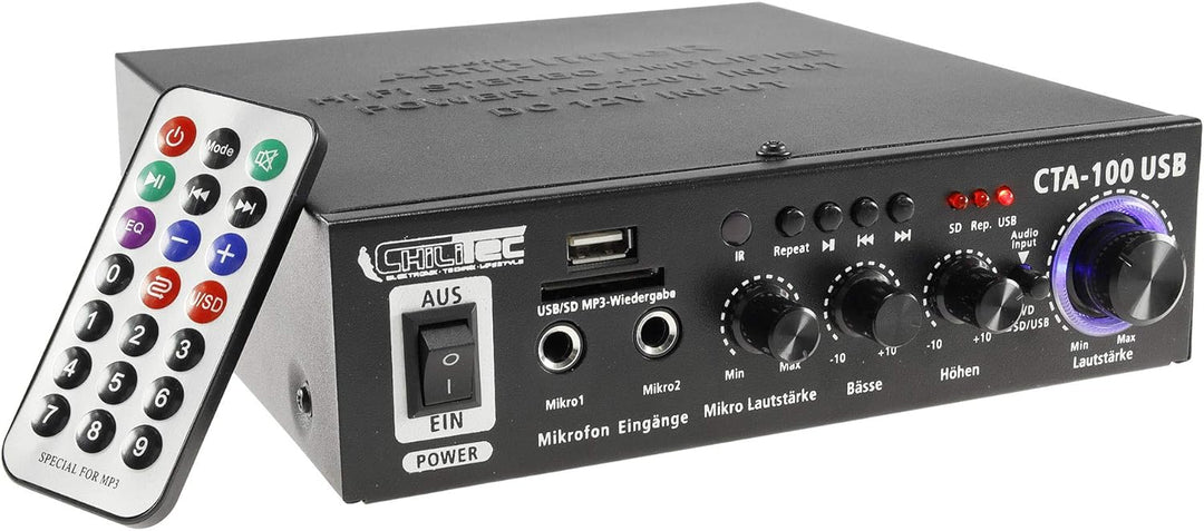 ChiliTec HiFi Verstärker Bluetooth USB CTA-100 100W Aux IN 230V / 12V Betrieb PC Camper Werkstatt He