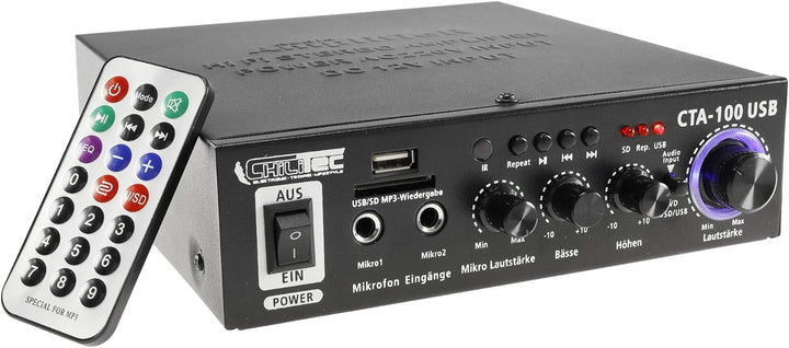 ChiliTec HiFi Verstärker Bluetooth USB CTA-100 100W Aux IN 230V / 12V Betrieb PC Camper Werkstatt He