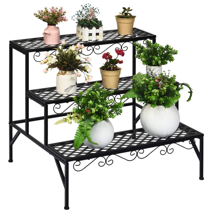 GOPLUS 3 Ebenen Metall Pflanzenständer, Blumentreppe Outdoor, Blumenregal Pflanzentreppe für Garten