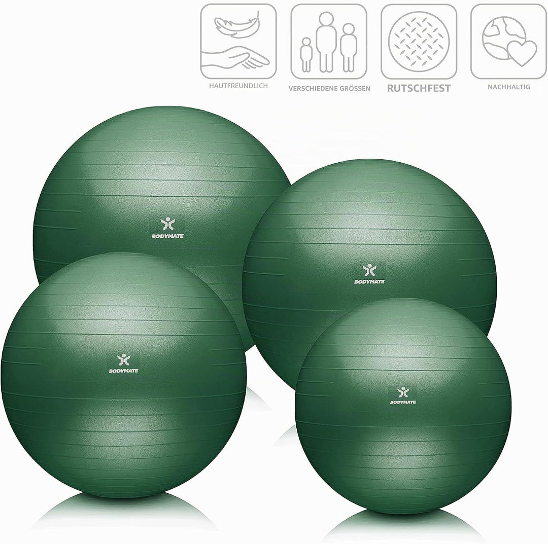 BODYMATE Gymnastikball Sitzball Trainingsball mit GRATIS E-Book inkl. Luft-Pumpe, Ball für Fitness,
