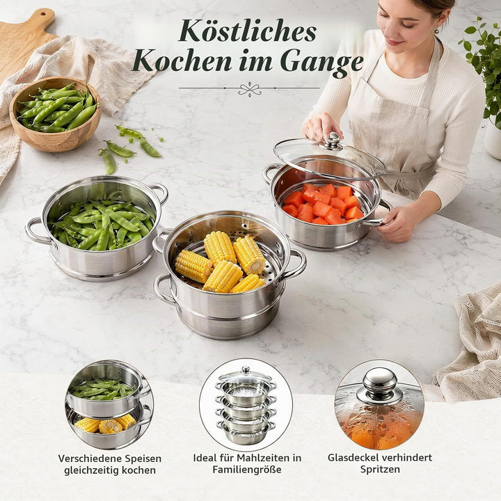 Dampfgarer zum Kochen, Edelstahl-Dampfgarer mit Dämpfeinsatz | 4-stöckiges 28cm Kochgeschirr mit Dec