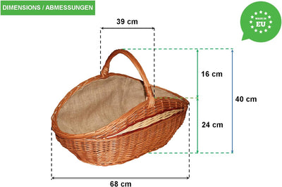 Weidenkorb, Holzkorb, Kaminkorb aus Naturweide, mit Jute vernäht (L) 68 x (B) 39 x (H) 24/40