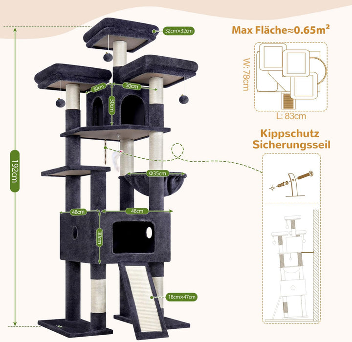 Globlazer F75 Kratzbaum XXL für 3-4 Grosse Katzen 192 cm Stabil Katzenbaum | Extragross Katzenhäuse,