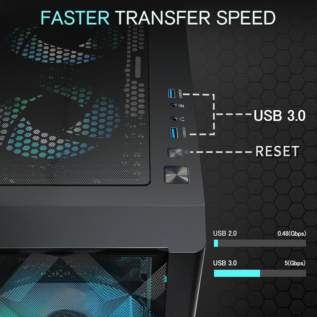 MUSETEX ATX PC Gehäuse Pre-Install 6 PWM ARGB Lüfter, Polygonal Mesh Computer Gaming Gehäuse, Öffnun
