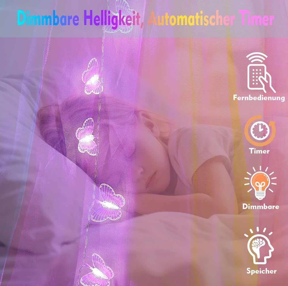 Regenbogen Betthimmel Mädchen mit Schmetterlingen Licht, 34 Farben Himmelbett Vorhänge Farbe wechsel