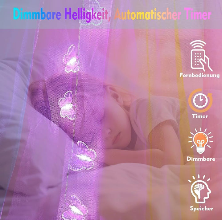 Regenbogen Betthimmel Mädchen mit Schmetterlingen Licht, 34 Farben Himmelbett Vorhänge Farbe wechsel