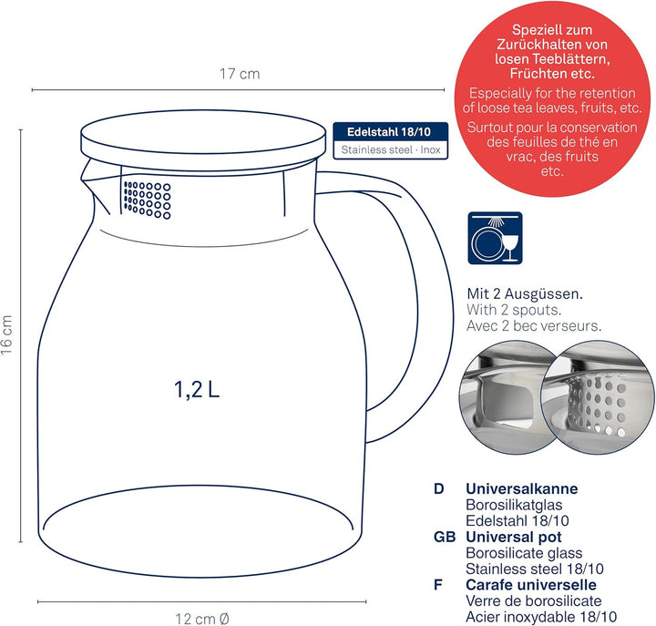 kela Glaskaraffe mit Deckel 1,2 L LUNA, Glaskrug hitzebeständig, 2 Ausguss-Öffnungen, Wasserkaraffe