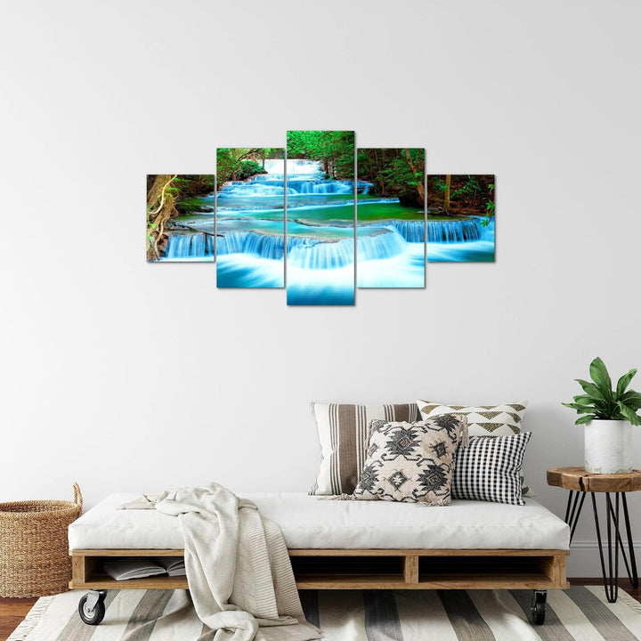 Runa Art Bild Schlafzimmer Wohnzimmer Wasserfall Landschaft 5 Teilig Berge Blau Grün Wandbilder auf