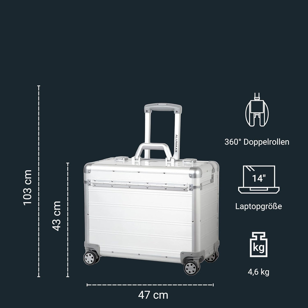 Alumaxx Pilotenkoffer Pandora aus Aluminium, Circa 36 x 47 x 25 cm, Vier 360 Rollen, 47 cm, 36 L, Si