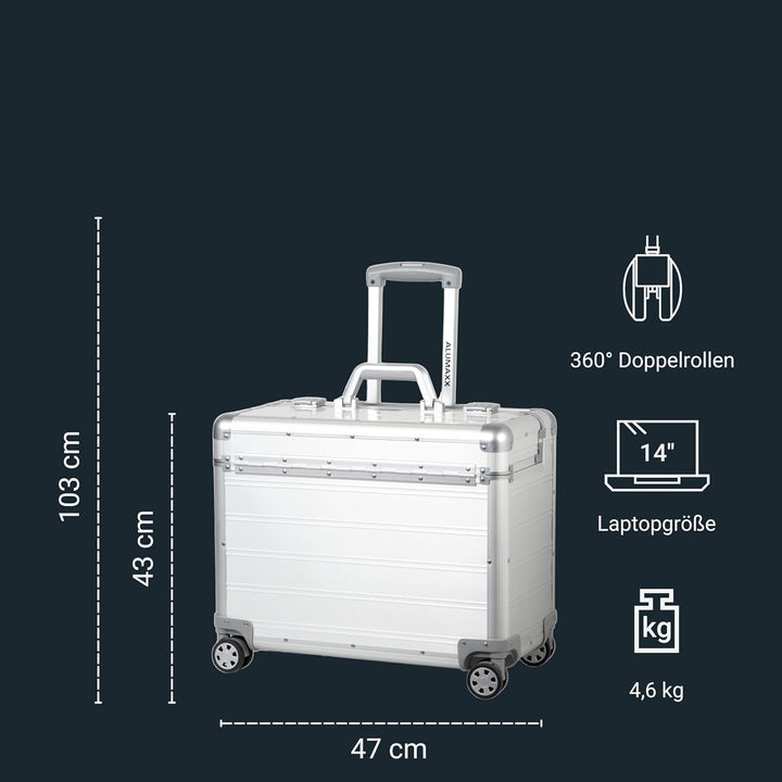 Alumaxx Pilotenkoffer Pandora aus Aluminium, Circa 36 x 47 x 25 cm, Vier 360 Rollen, 47 cm, 36 L, Si