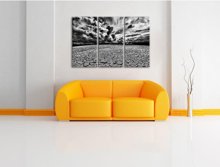 Pixxprint Monocrome, Ausgetrocknete Wüstenlandschaft 3-Teiler Leinwandbild 120x80 Bild auf Leinwand